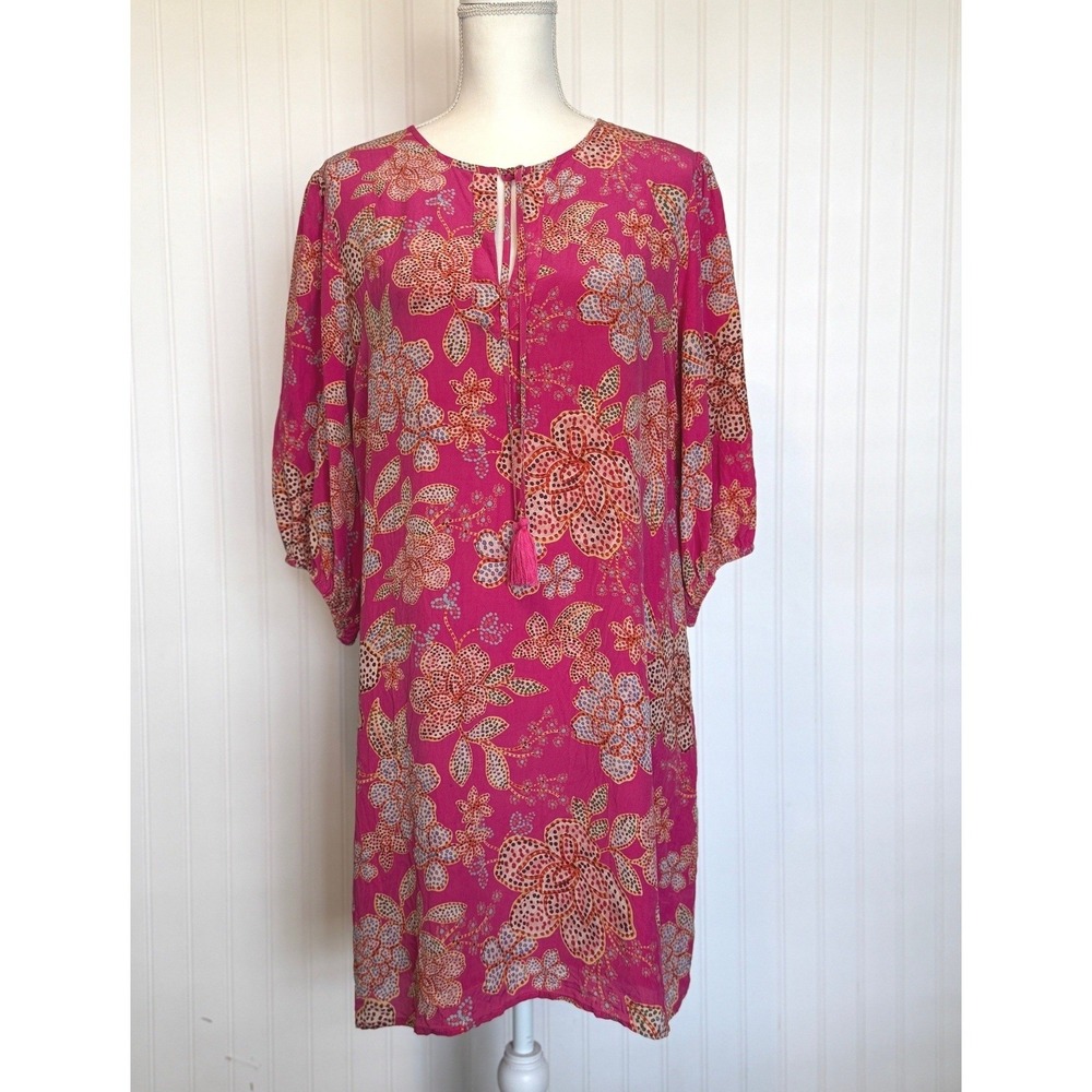 Johnny Was Jade 100% Silk Floral Boho Shift Dress Tassel Tie Neck Medium - FLAWS